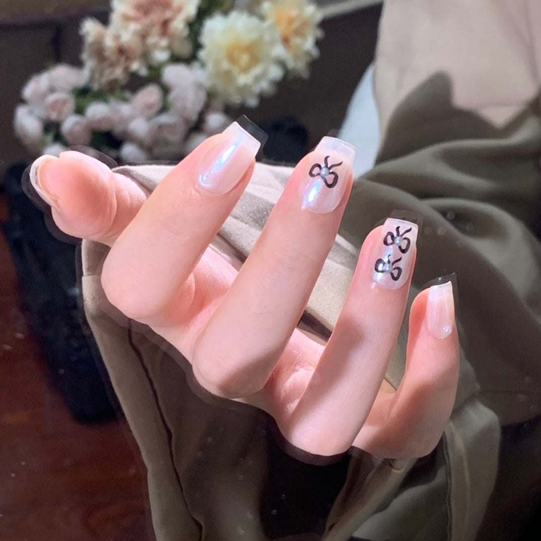 Short Coffin White Pearlescent Hand-Painted Bow Press-On Nails | Removable and Reusable | Free Tool Kit Included