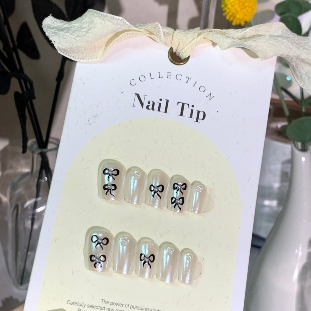 Short Coffin White Pearlescent Hand-Painted Bow Press-On Nails | Removable and Reusable | Free Tool Kit Included