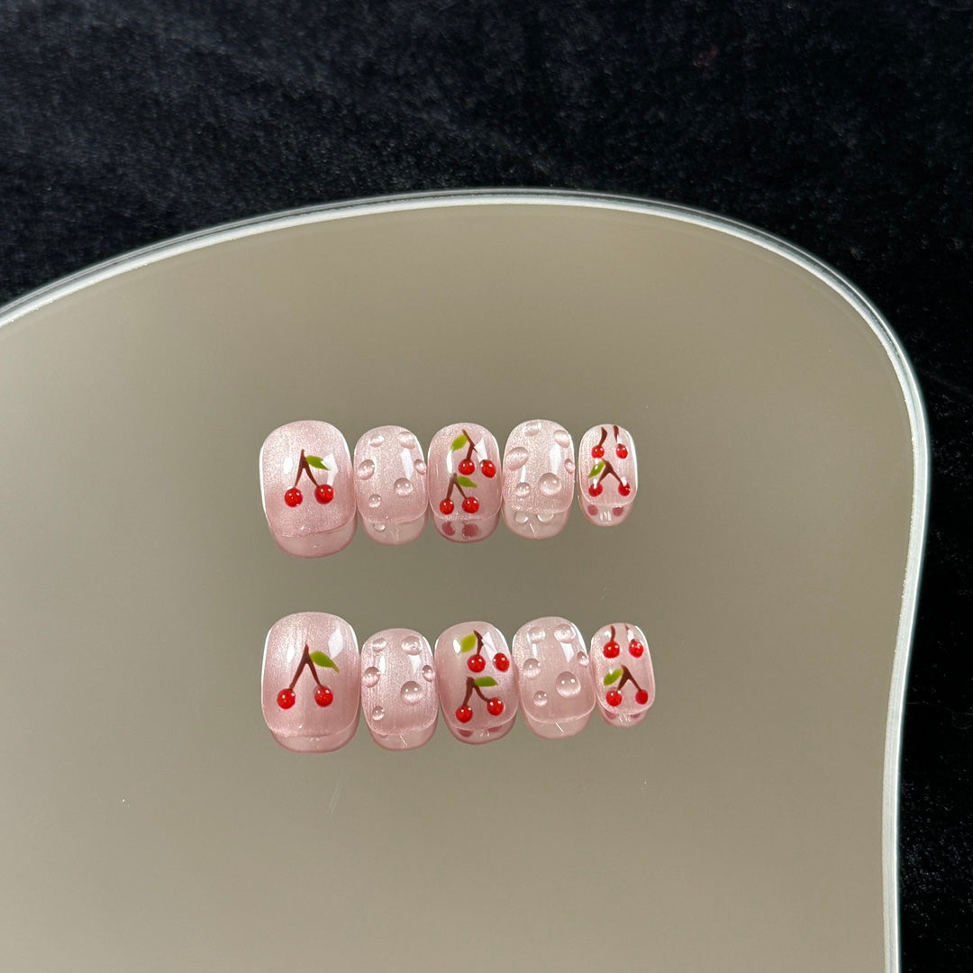 Short Cat Eye Cherry Embossed Teardrop Handmade Press-on Nails | Removable and Reusable | Free Tool Kit Included