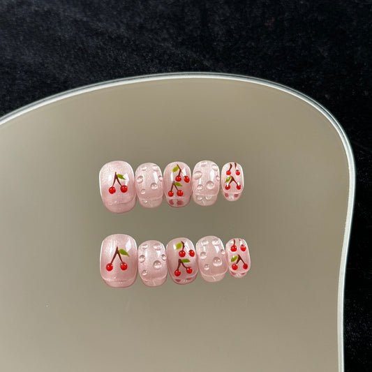 Short Cat Eye Cherry Embossed Teardrop Handmade Press-on Nails | Removable and Reusable | Free Tool Kit Included