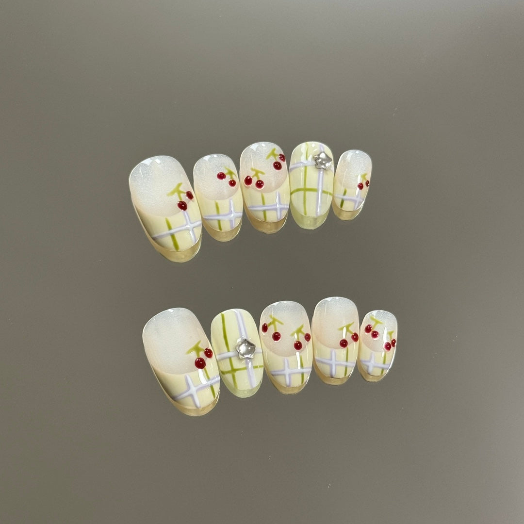 Fresh Short Oval French Green Lines and Red Cherries Handmade Press-On Nails | Removable and Reusable | Free Tool Kit Included