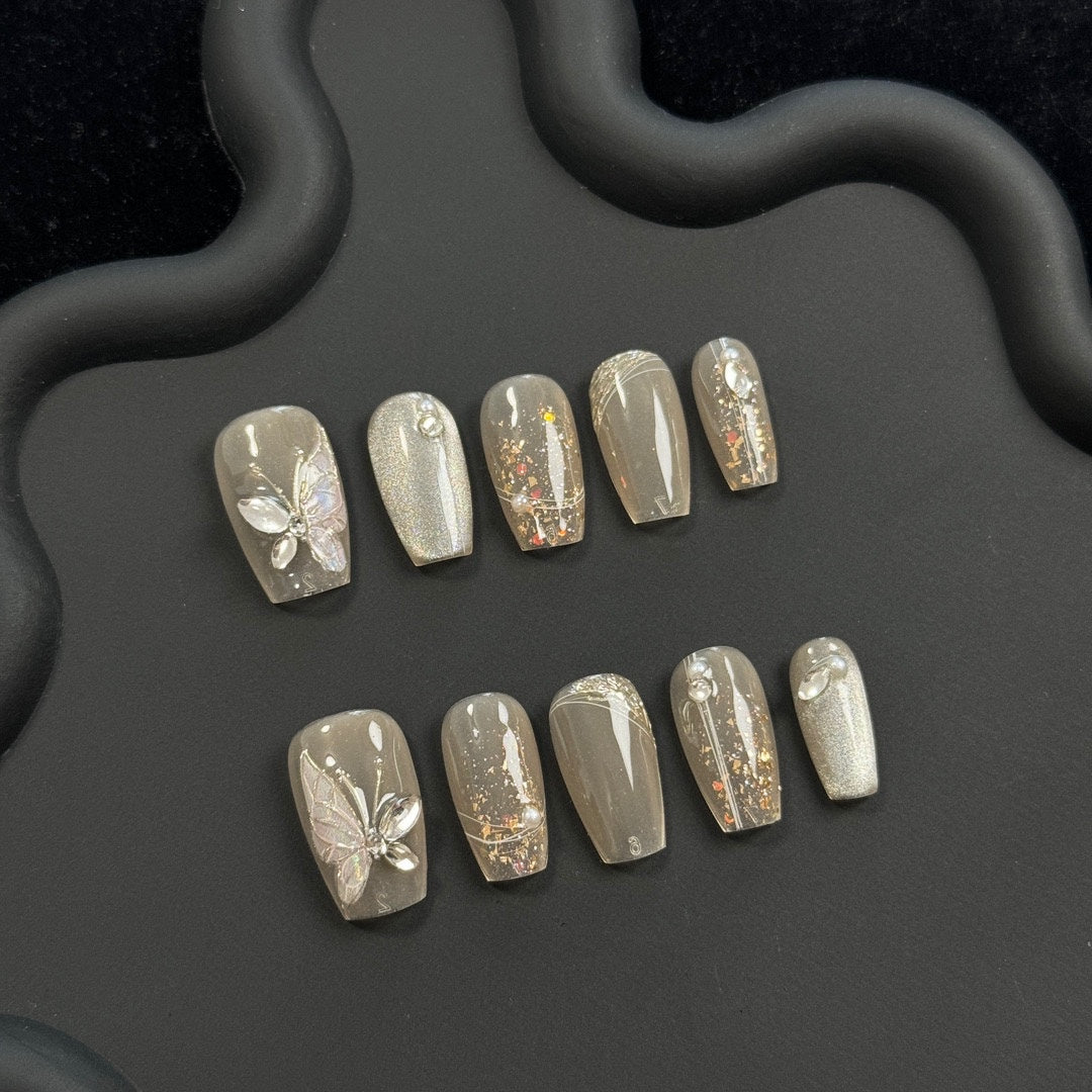 Short Coffin Light Champagne Cat Eye Hand-Painted Butterfly with Small Diamonds Handmade Press-On Nails | Removable and Reusable | Free Tool Kit Included