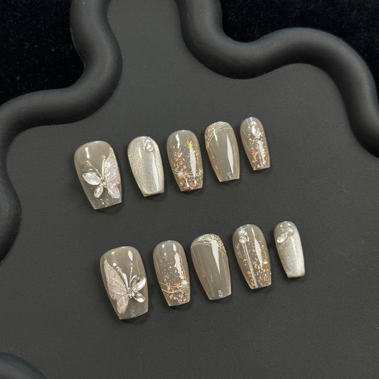 Short Coffin Light Champagne Cat Eye Hand-Painted Butterfly with Small Diamonds Handmade Press-On Nails | Removable and Reusable | Free Tool Kit Included