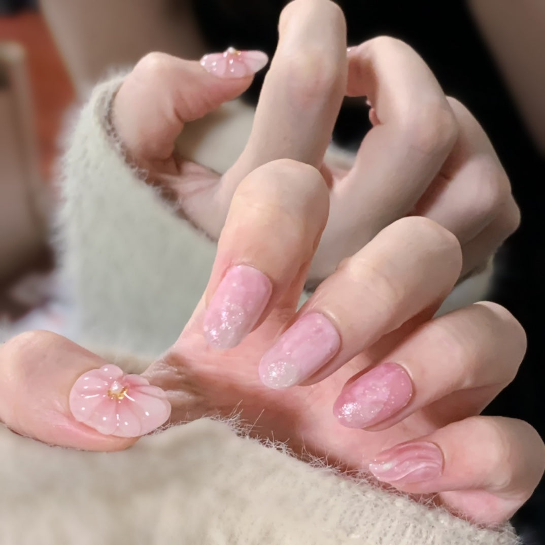 Short Oval Pink Micro-Carved Flower Handmade Press-On Nails | Removable and Reusable | Free Tool Kit Included