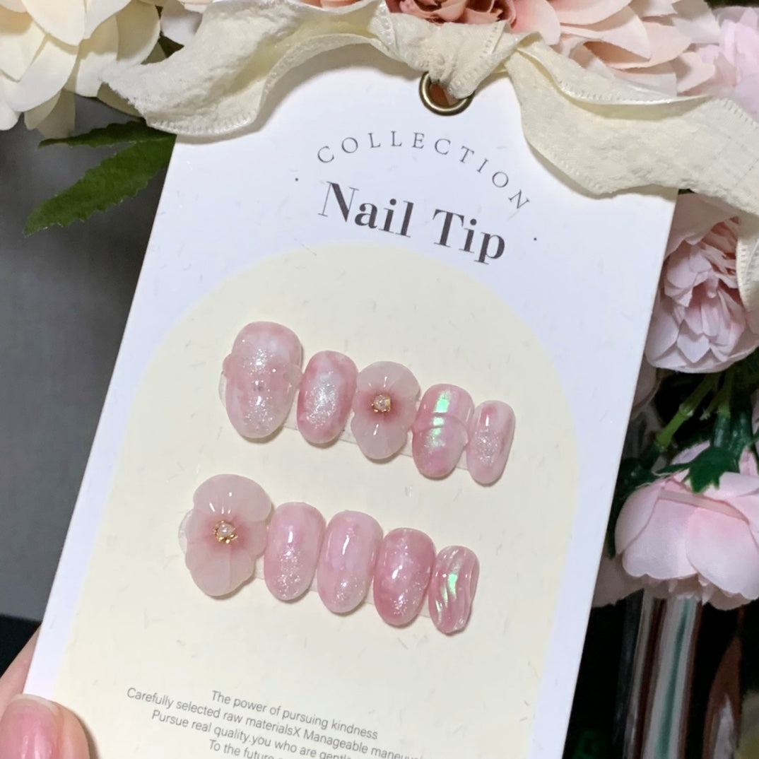 Short Oval Pink Micro-Carved Flower Handmade Press-On Nails | Removable and Reusable | Free Tool Kit Included