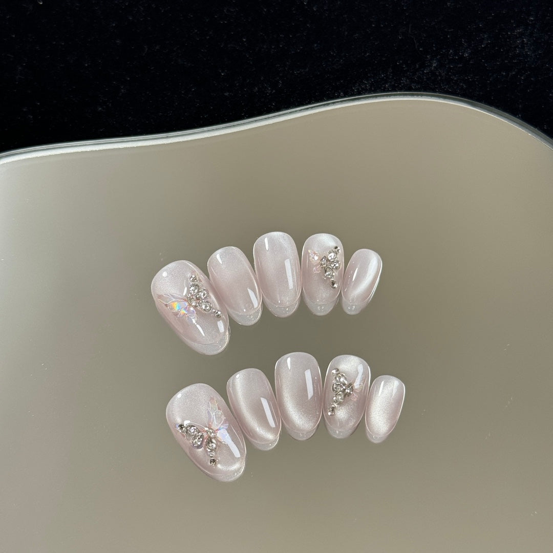 Short Oval High-Class Gray Cat Eye Hand-Painted Butterfly Press-On Nails | Removable and Reusable | Free Tool Kit Included