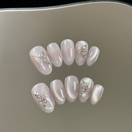 Short Oval High-Class Gray Cat Eye Hand-Painted Butterfly Press-On Nails | Removable and Reusable | Free Tool Kit Included
