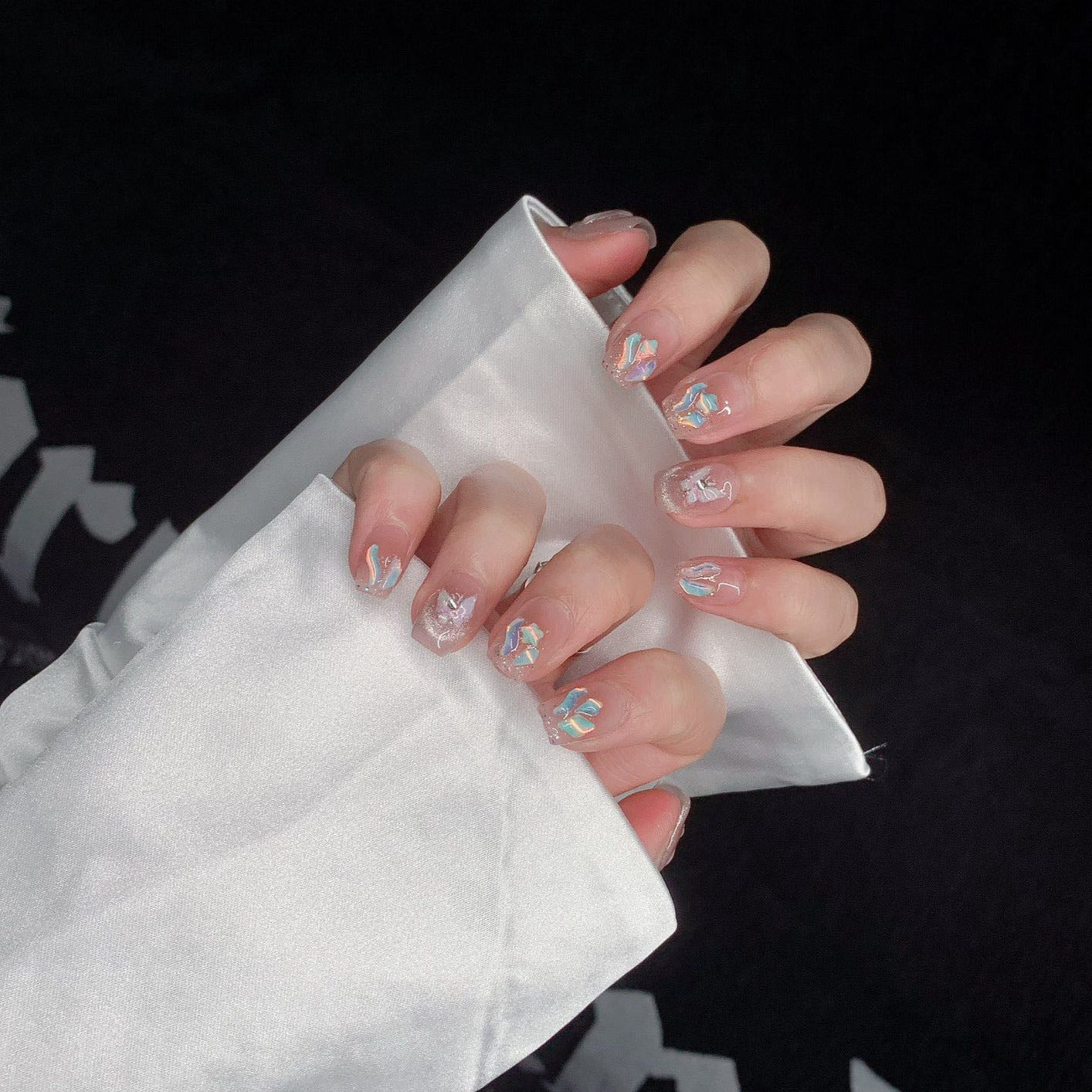 Short Square Ombre Nude Cat Eye Embossed Butterfly Press-On Nails | Removable and Reusable | Free Tool Kit Included