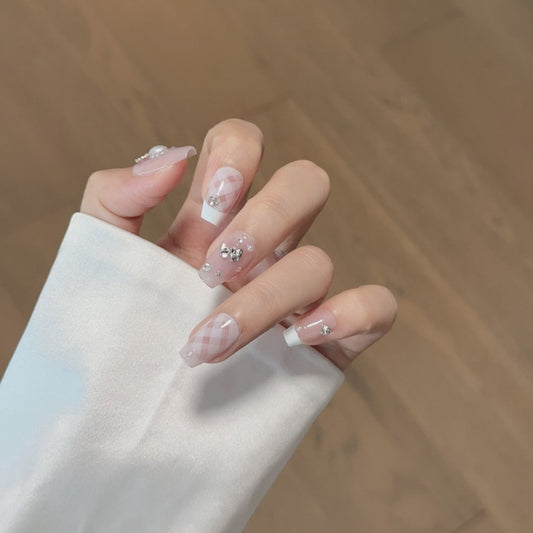 Medium Coffin Elegant French Tip Pink Grid Handmade Press On Nails | Removable and Reusable | Free Tool Kit Included