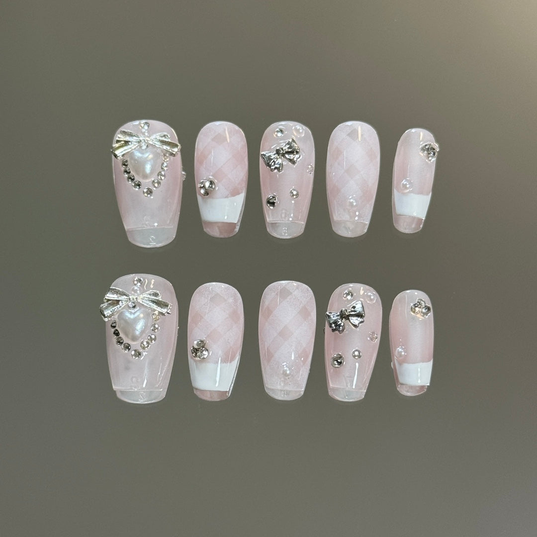 Medium Coffin Elegant French Tip Pink Grid Handmade Press On Nails | Removable and Reusable | Free Tool Kit Included