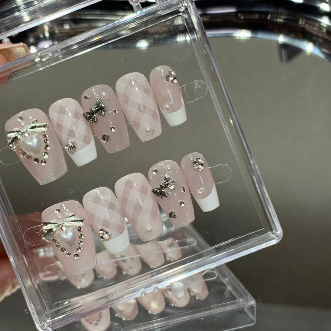 Medium Coffin Elegant French Tip Pink Grid Handmade Press On Nails | Removable and Reusable | Free Tool Kit Included