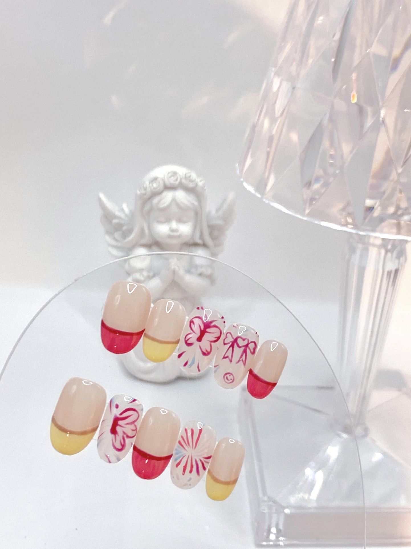 Short Oval French Tip Pink with Hand-Painted Butterfly Handmade Press On Nails | Removable and Reusable | Free Tool Kit Included