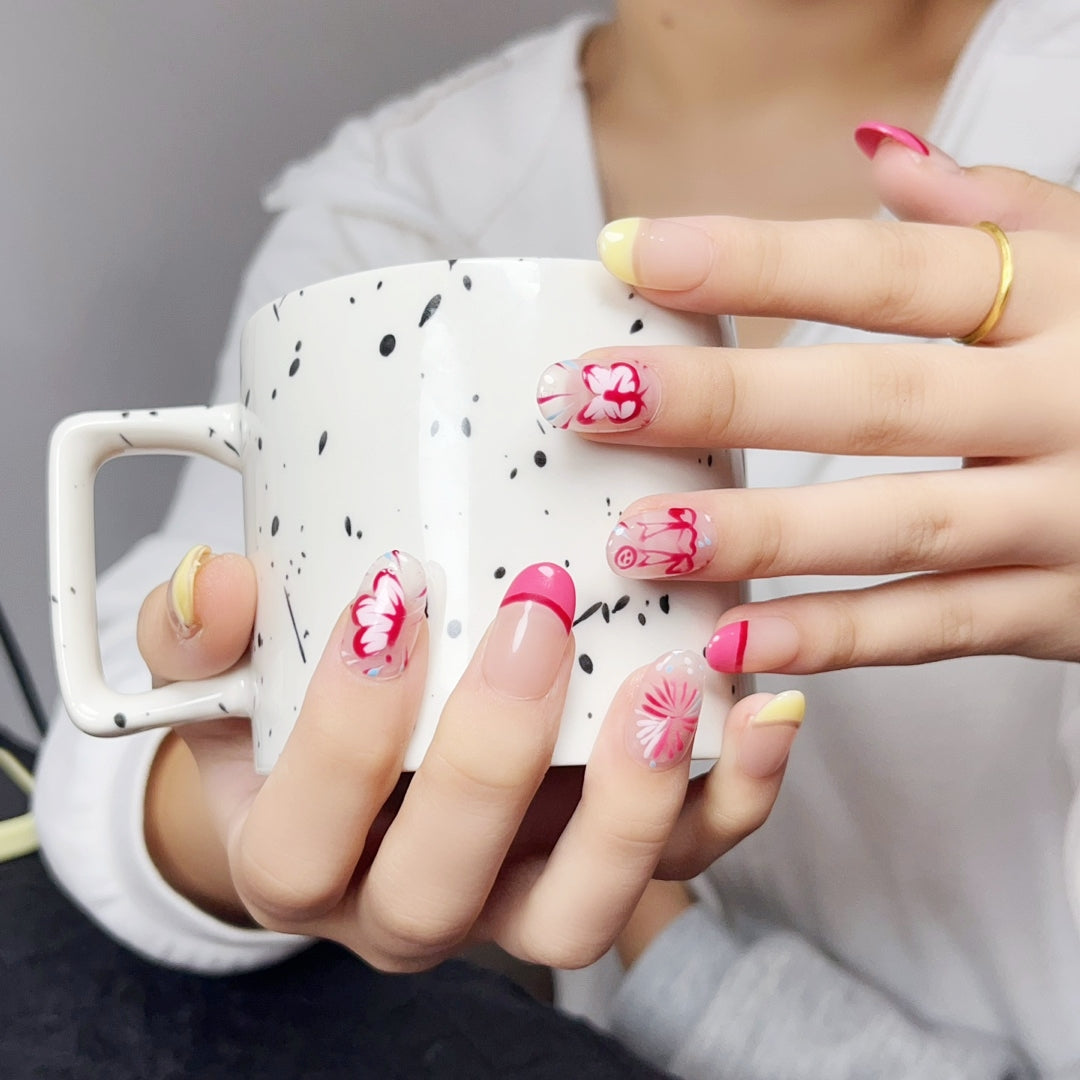 Short Oval French Tip Pink with Hand-Painted Butterfly Handmade Press On Nails | Removable and Reusable | Free Tool Kit Included