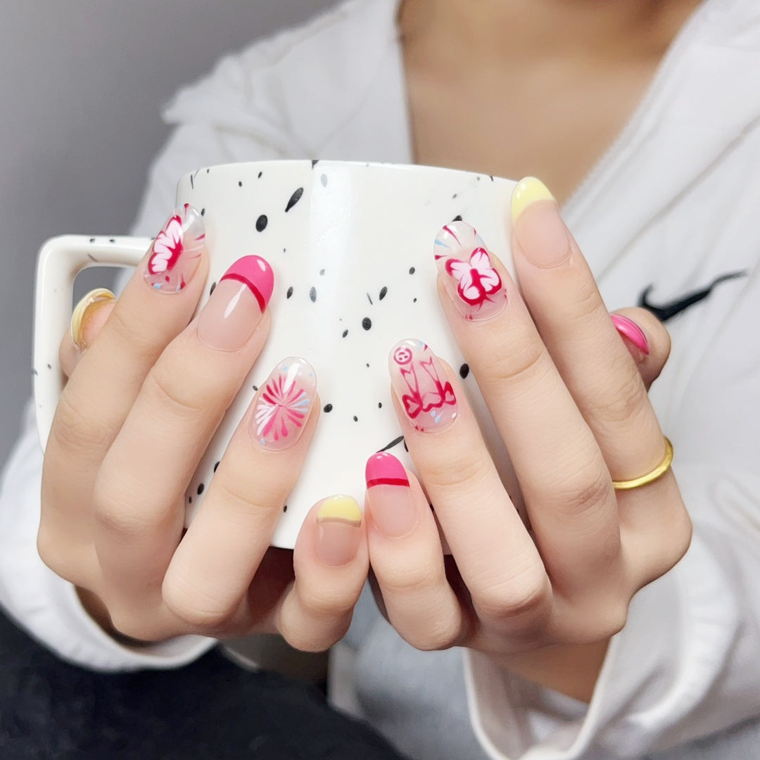 Short Oval French Tip Pink with Hand-Painted Butterfly Handmade Press On Nails | Removable and Reusable | Free Tool Kit Included