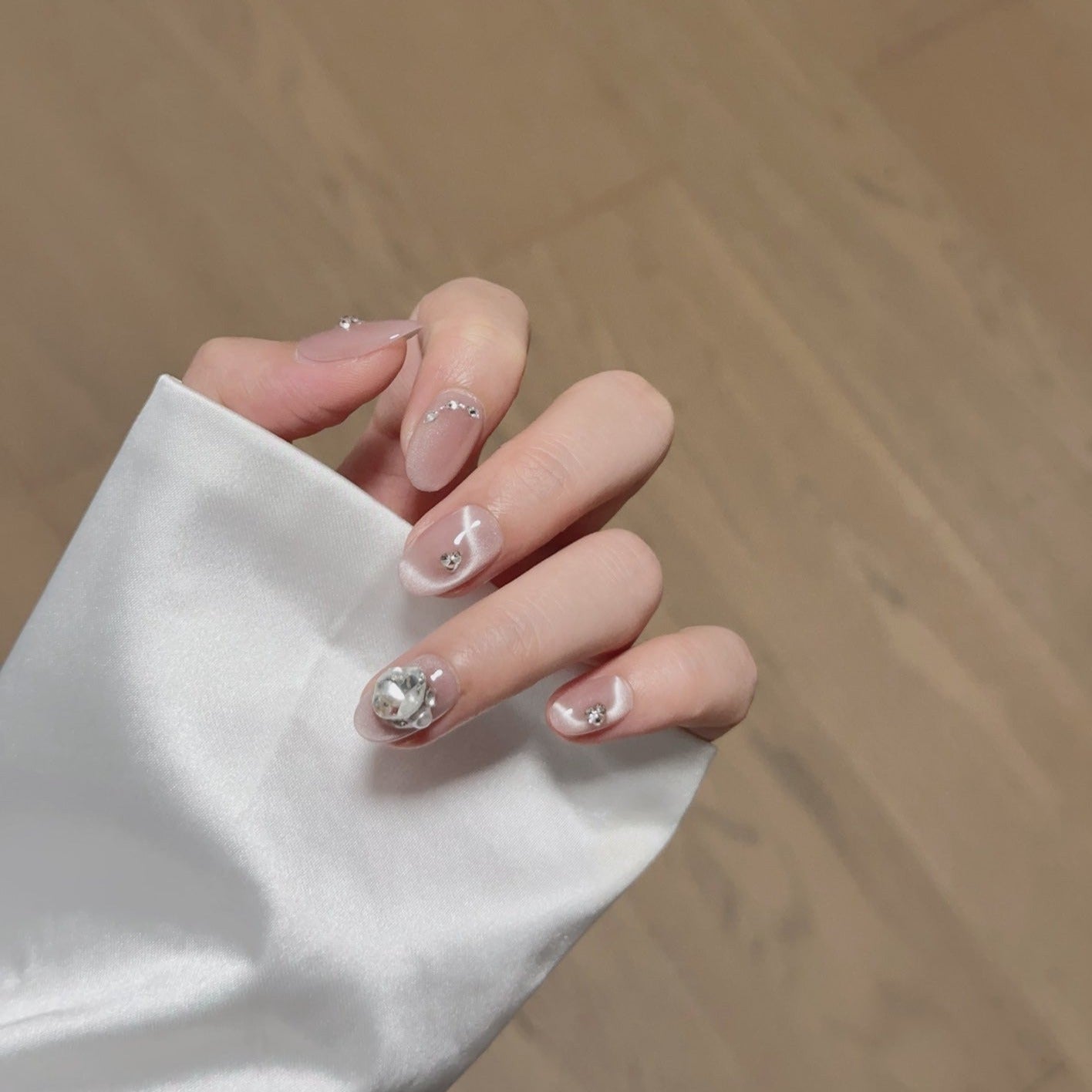 Short Oval Pink Cat Eye with Diamonds Handmade Press On Nails | Dancing Ribbons | Removable and Reusable