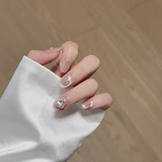 Short Oval Pink Cat Eye with Diamonds Handmade Press On Nails | Dancing Ribbons | Removable and Reusable