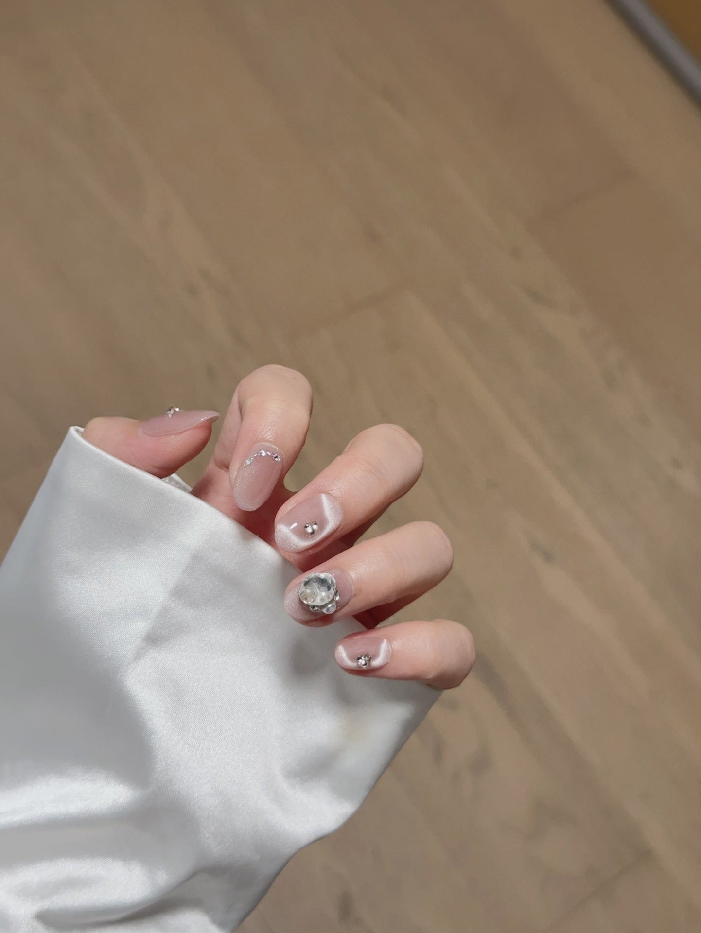 Short Oval Pink Cat Eye with Diamonds Handmade Press On Nails | Dancing Ribbons | Removable and Reusable