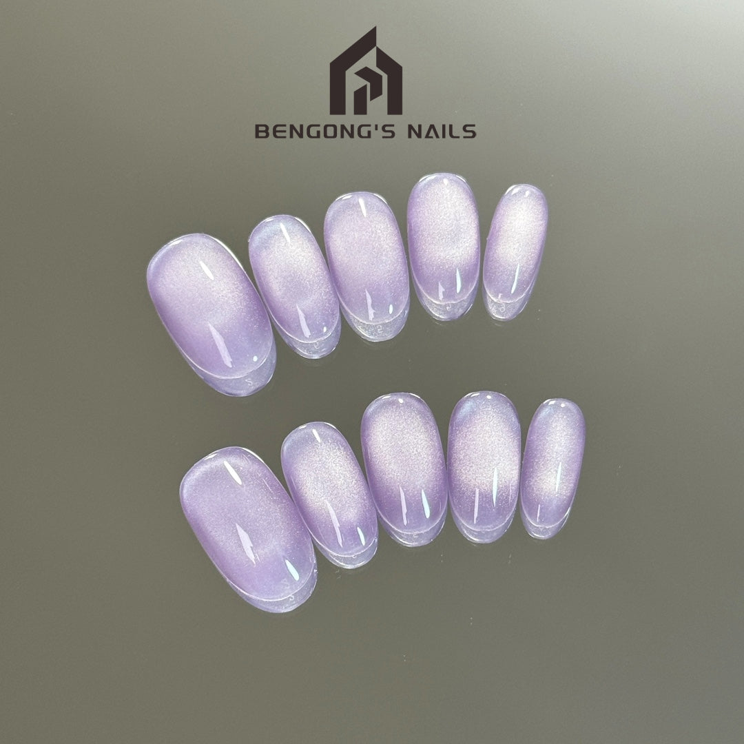 Short Oval Purple Cat Eye Handmade Press-On Nails | Removable and Reusable | Free Tool Kit Included