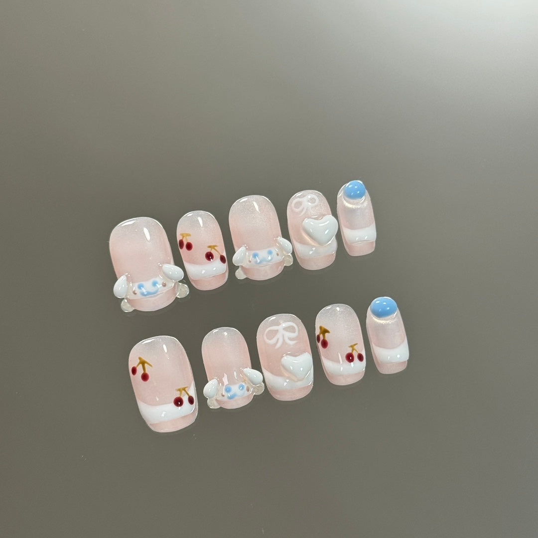 Ultra-Short Coffin Cute Puppy French Tip Cherry Handmade Press-On Nails | Removable and Reusable | Free Tool Kit Included