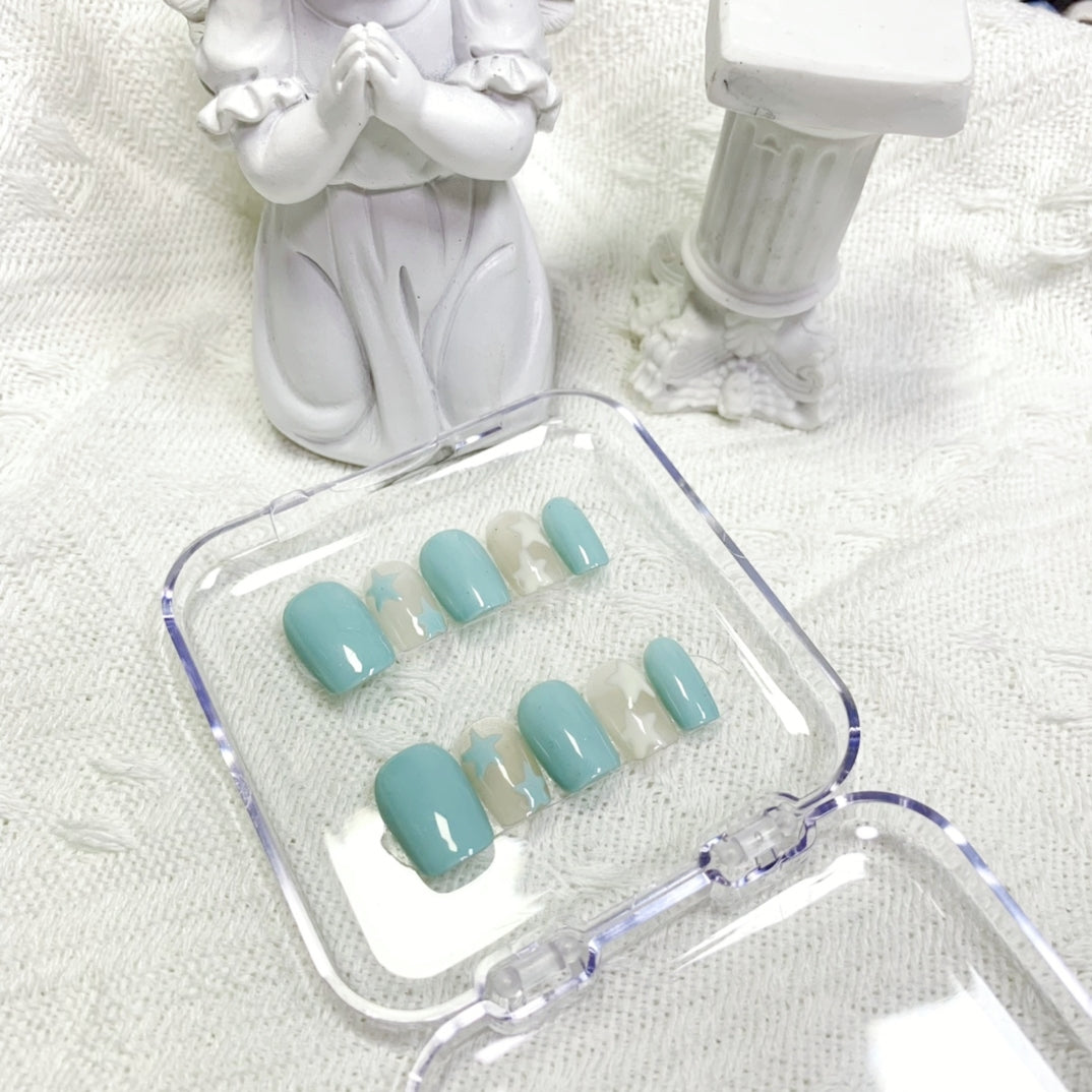 Short Coffin Summer Fresh Mint Green Handmade Press-On Nails | Removable and Reusable | Free Tool Kit Included