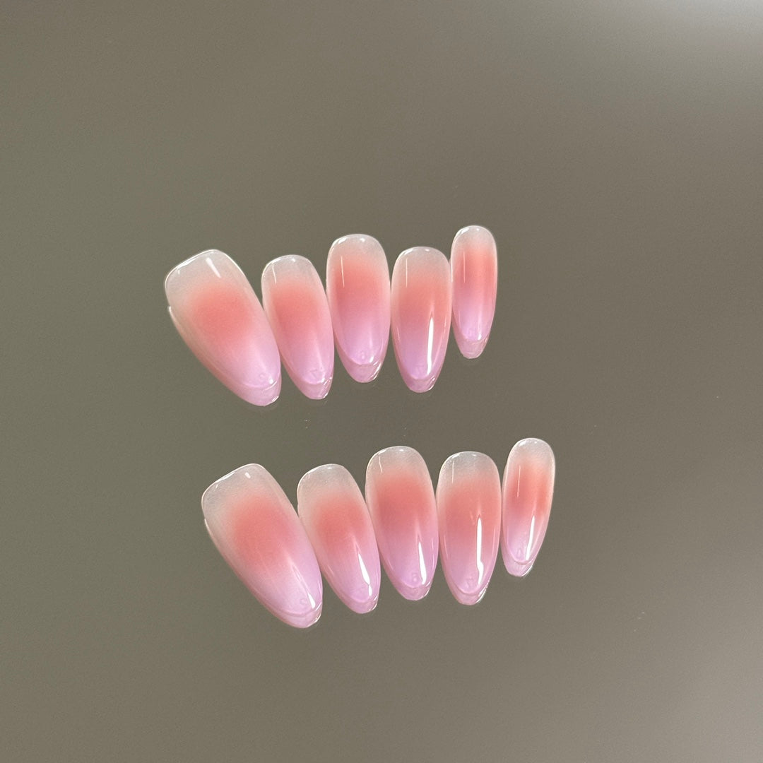 Medium Almond Simple Ombre Peach Red Handmade Press-On Nails | Removable and Reusable | Free Tool Kit Included