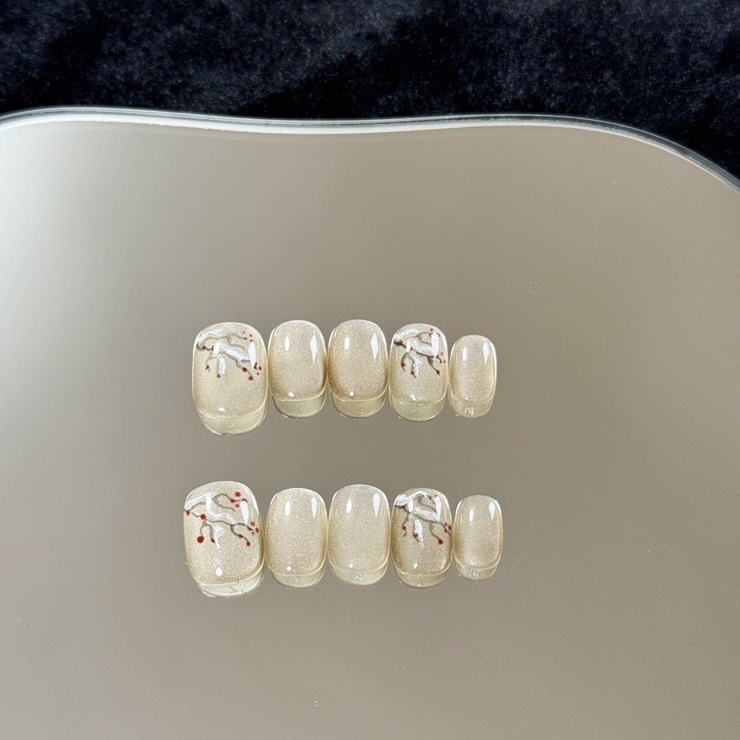 Ultra-Short Oval Chinese Style Hand-Painted Plum Blossom Gray Cat Eye Handmade Press-On Nails | Removable and Reusable | Free Tool Kit Included