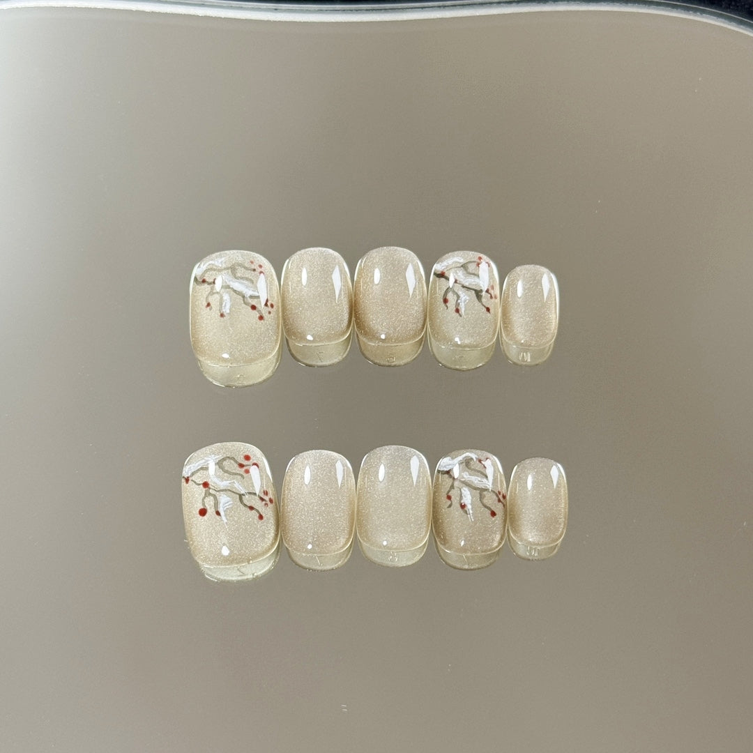 Ultra-Short Oval Chinese Style Hand-Painted Plum Blossom Gray Cat Eye Handmade Press-On Nails | Removable and Reusable | Free Tool Kit Included