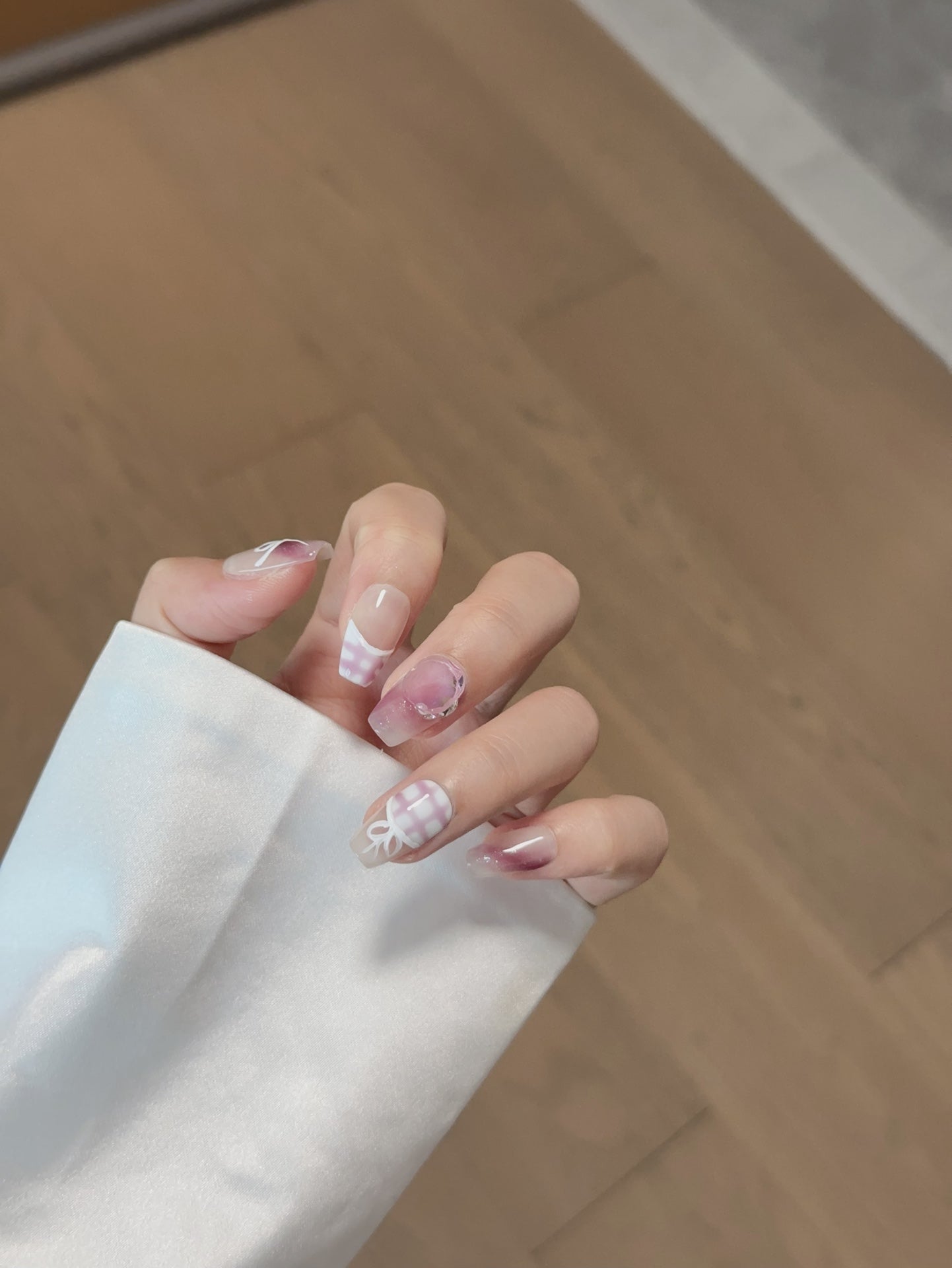 Medium Coffin Purple-Pink French Hand-Painted Argyle Bow Handmade Press-On Nails | Removable and Reusable | Free Tool Kit Included