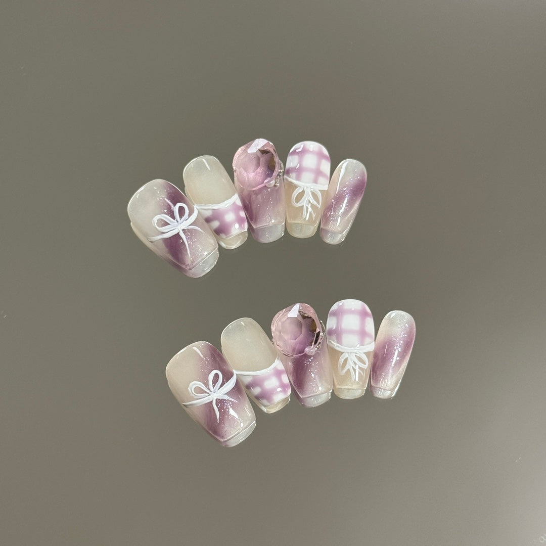 Medium Coffin Purple-Pink French Hand-Painted Argyle Bow Handmade Press-On Nails | Removable and Reusable | Free Tool Kit Included