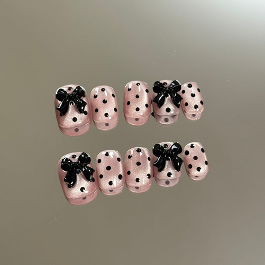 Ultra-Short Oval Purple-Pink Cat Eye Hand-Painted Polka Dots and 3D Bow Handmade Press-On Nails | Removable and Reusable | Free Tool Kit Included