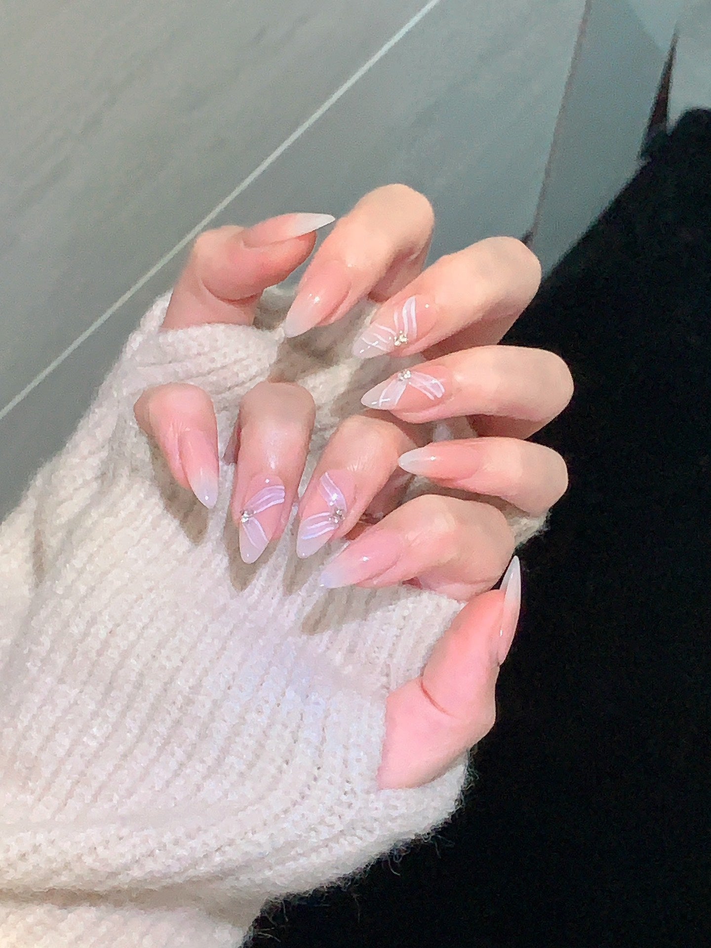 Almond Ombre Light Orange Pink Hand-Painted White Ribbon Handmade Press-On Nails | Removable and Reusable | Free Tool Kit Included