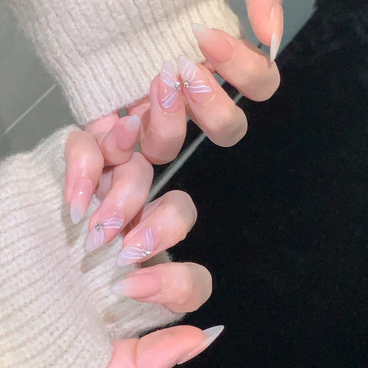 Almond Ombre Light Orange Pink Hand-Painted White Ribbon Handmade Press-On Nails | Removable and Reusable | Free Tool Kit Included