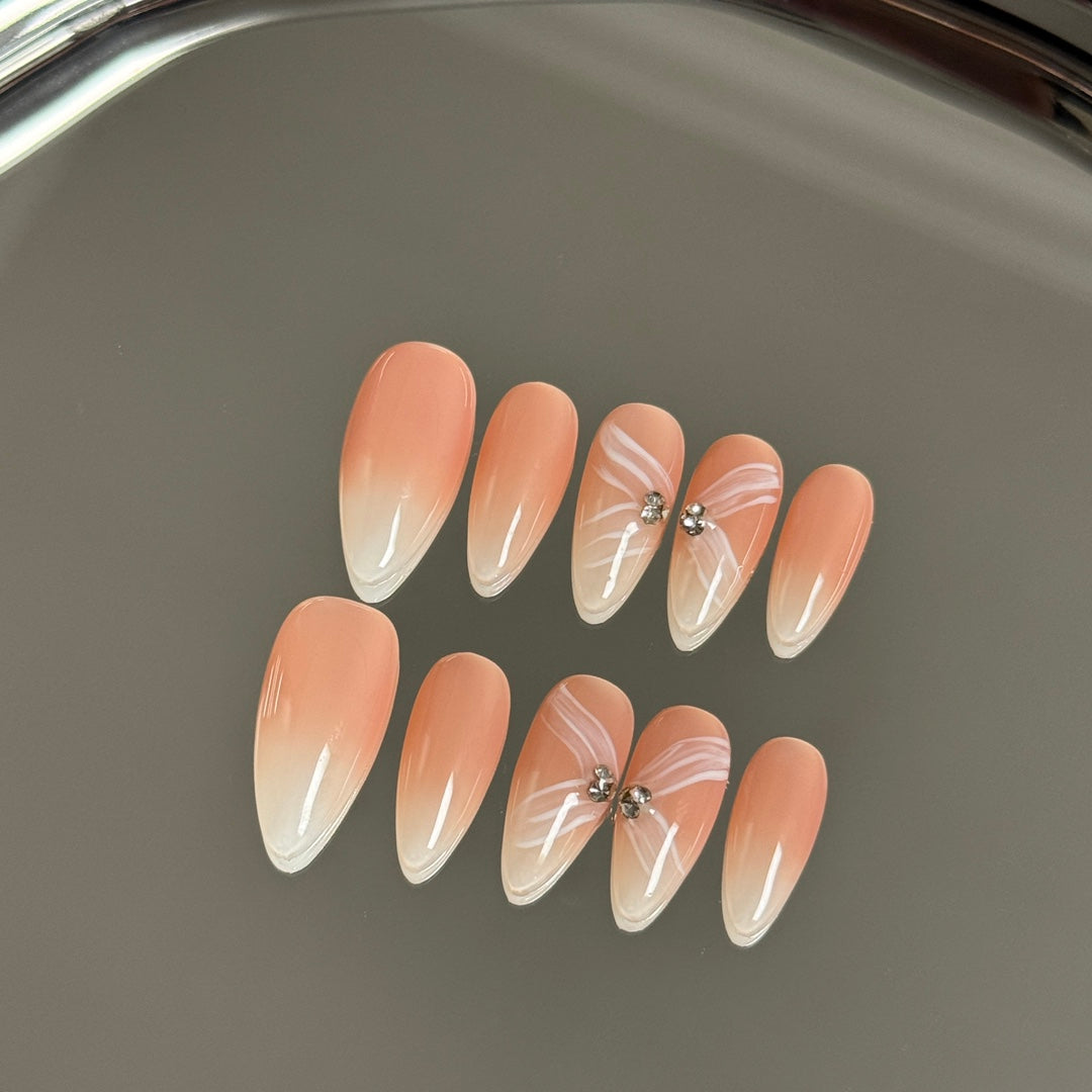 Almond Ombre Light Orange Pink Hand-Painted White Ribbon Handmade Press-On Nails | Removable and Reusable | Free Tool Kit Included