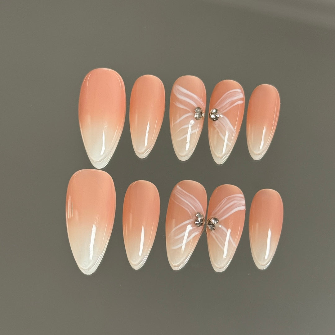 Almond Ombre Light Orange Pink Hand-Painted White Ribbon Handmade Press-On Nails | Removable and Reusable | Free Tool Kit Included