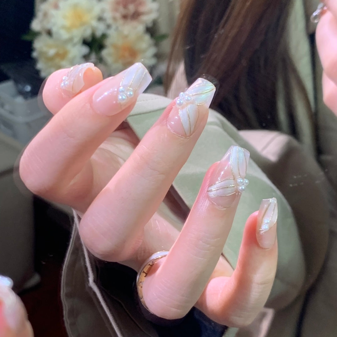 Medium Coffin Nude Cat Eye Ribbon with Small Pearl Accents Handmade Press-On Nails | Removable and Reusable | Free Tool Kit Included