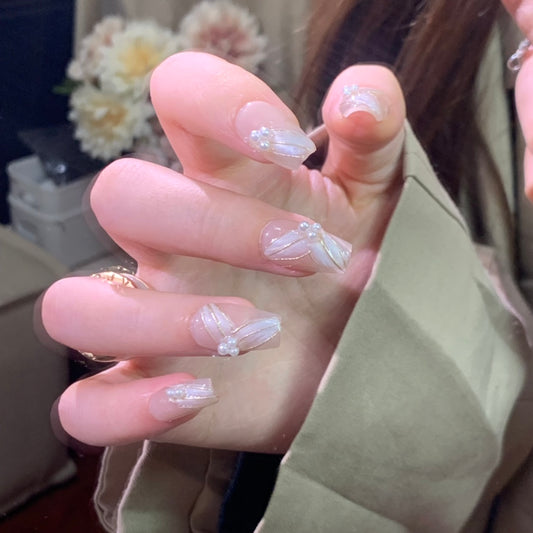 Medium Coffin Nude Cat Eye Ribbon with Small Pearl Accents Handmade Press-On Nails | Removable and Reusable | Free Tool Kit Included