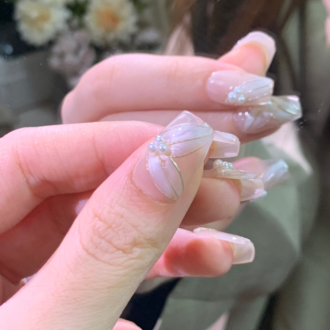 Medium Coffin Nude Cat Eye Ribbon with Small Pearl Accents Handmade Press-On Nails | Removable and Reusable | Free Tool Kit Included