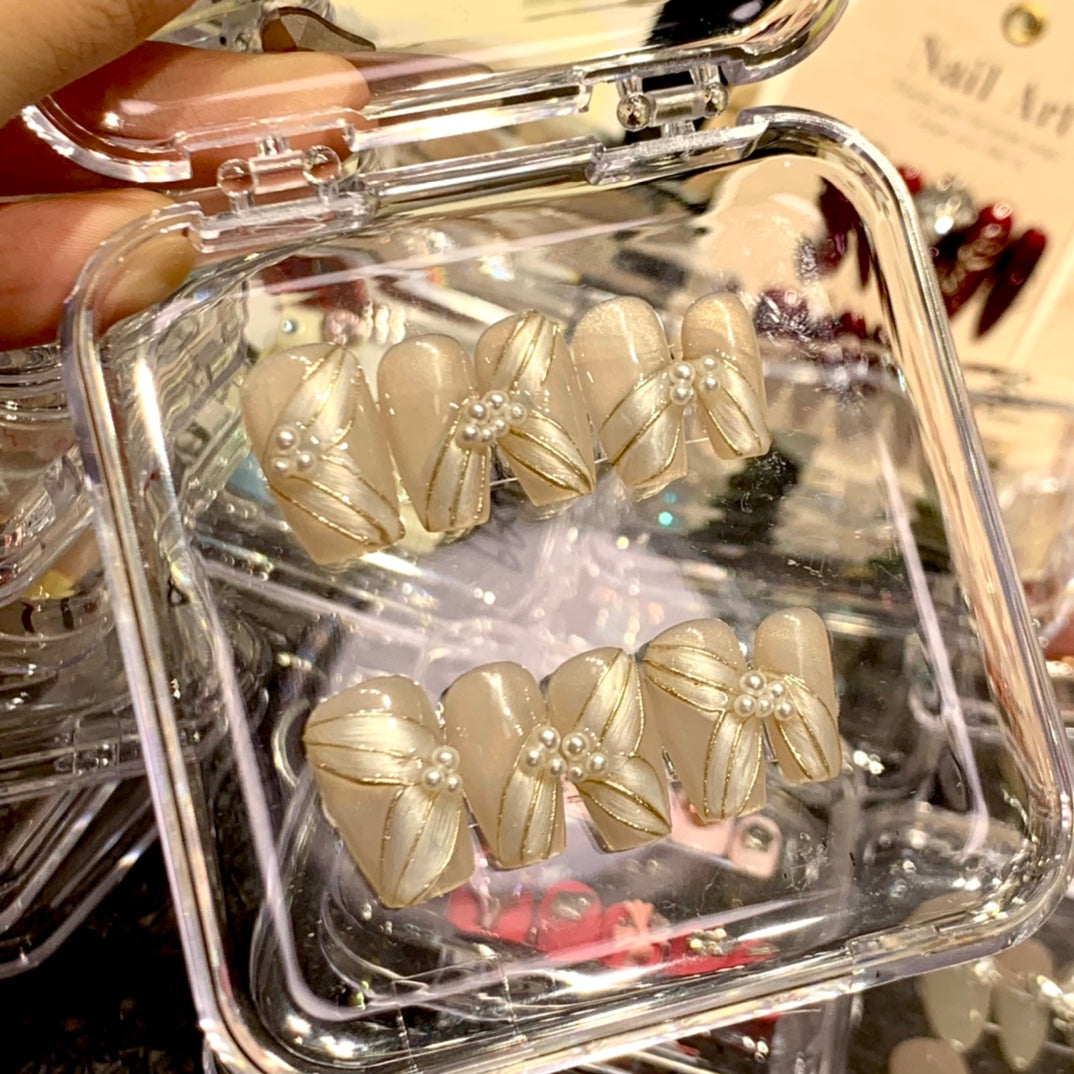 Medium Coffin Nude Cat Eye Ribbon with Small Pearl Accents Handmade Press-On Nails | Removable and Reusable | Free Tool Kit Included