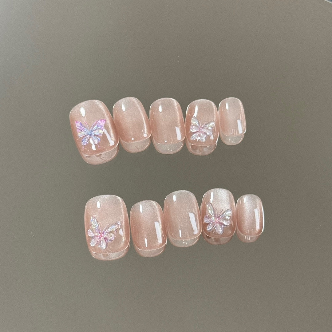Super Short Oval Pink Cat Eye Hand-Painted Butterfly Press-On Nails | Removable and Reusable | Free Tool Kit Included