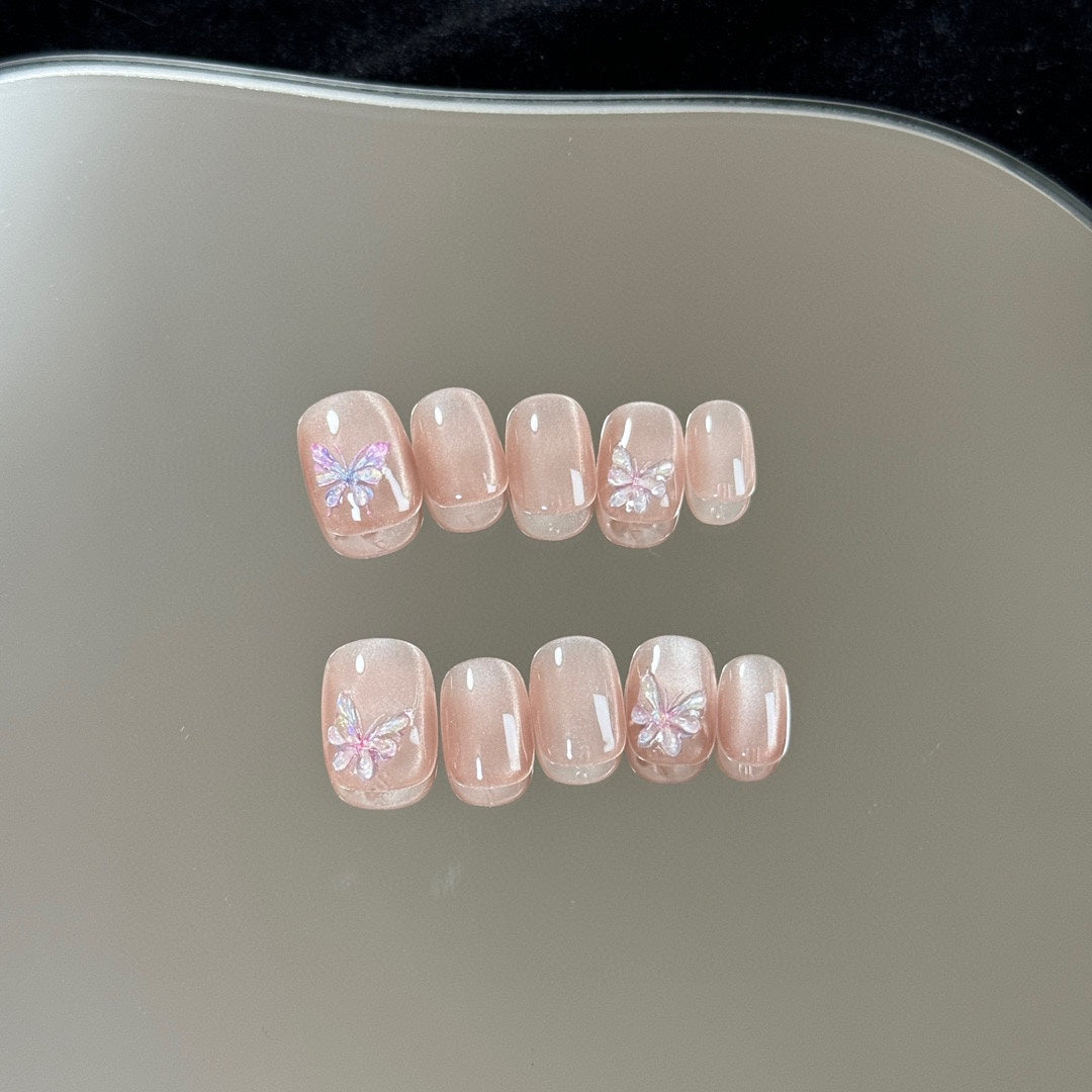 Super Short Oval Pink Cat Eye Hand-Painted Butterfly Press-On Nails | Removable and Reusable | Free Tool Kit Included