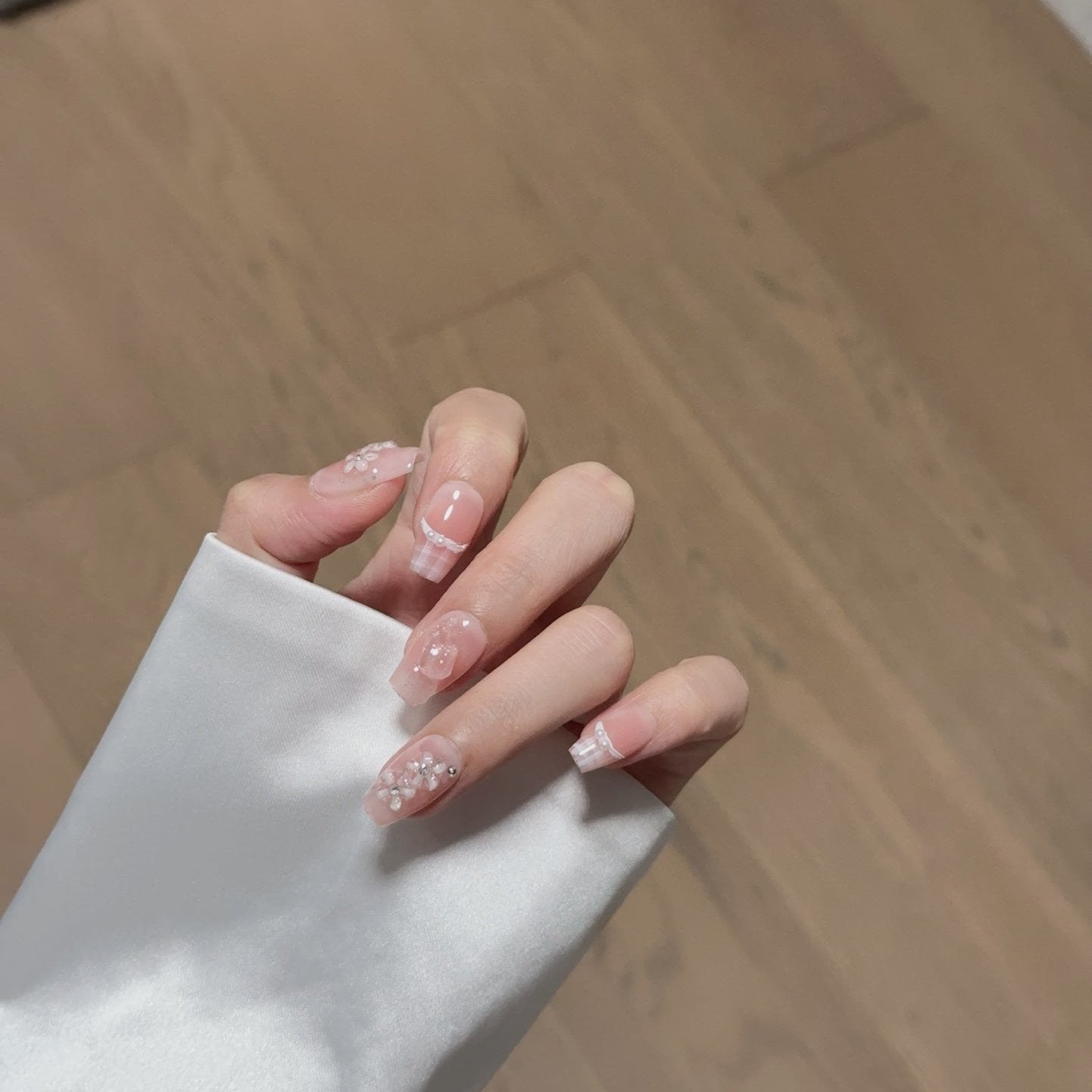 Medium Coffin Pink Embossed Camellia with Pink Square Diamonds and Lace Accents Press-On Nails| Removable and Reusable