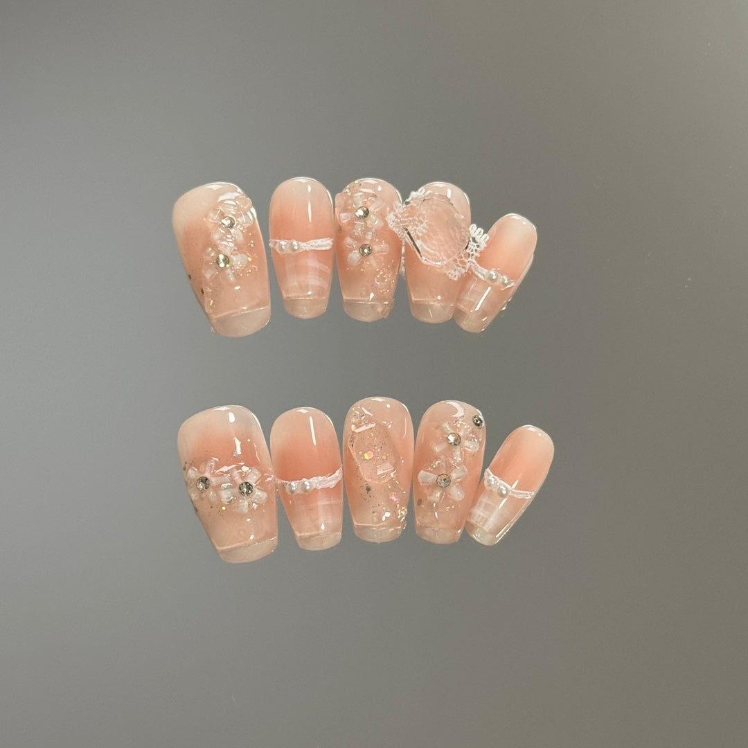 Medium Coffin Pink Embossed Camellia with Pink Square Diamonds and Lace Accents Press-On Nails| Removable and Reusable