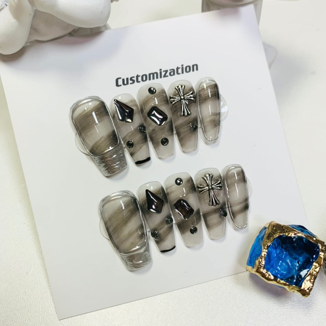 Long Coffin Black Ombre Handmade Press-On Nails with Silver Lined Edges | Removable & Reusable | Free Tool Kit Included