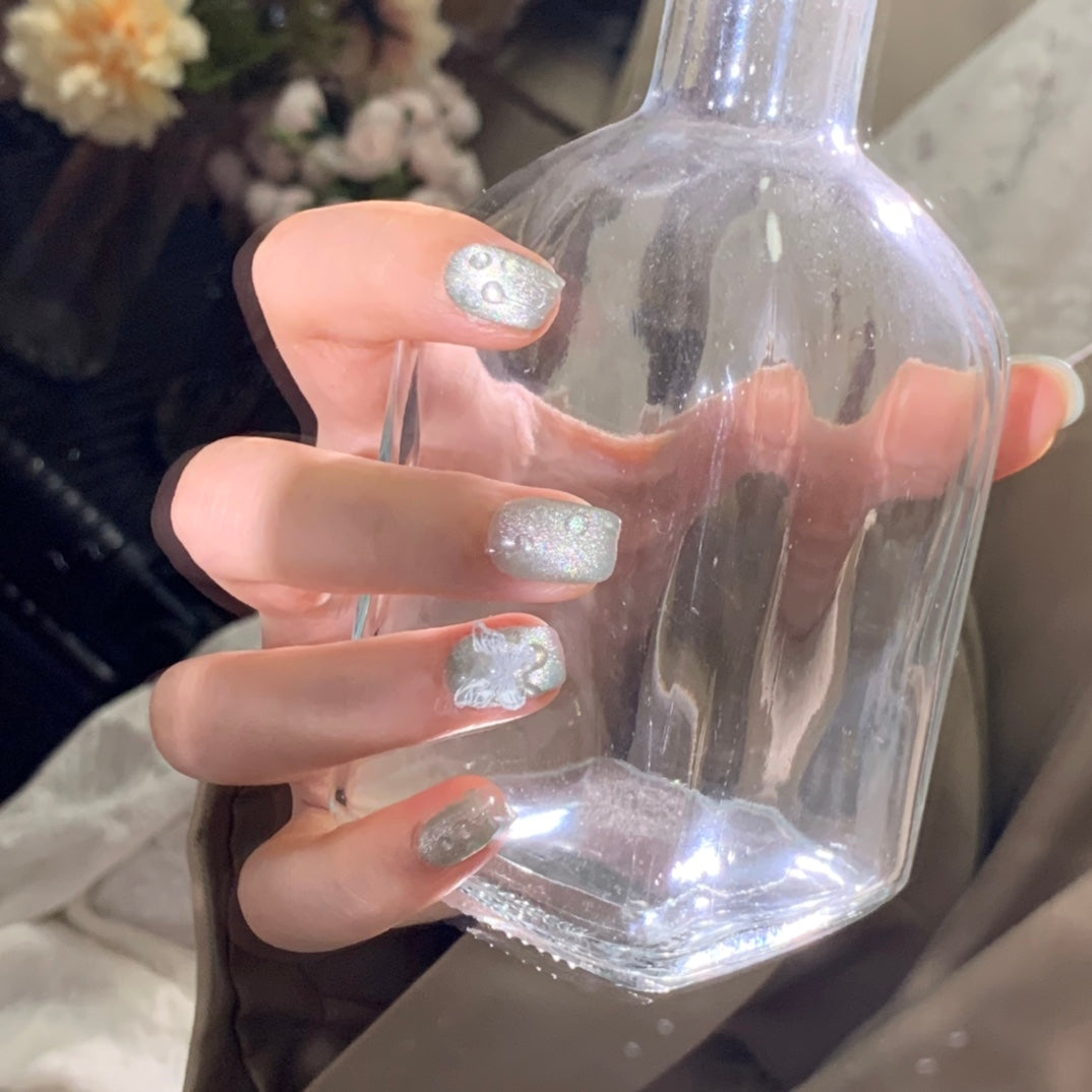 Super Short Coffin Light Green Handmade Press-On Nails with 3D Water Droplets and Butterfly Design | Removable & Reusable | Free Tool Kit Included