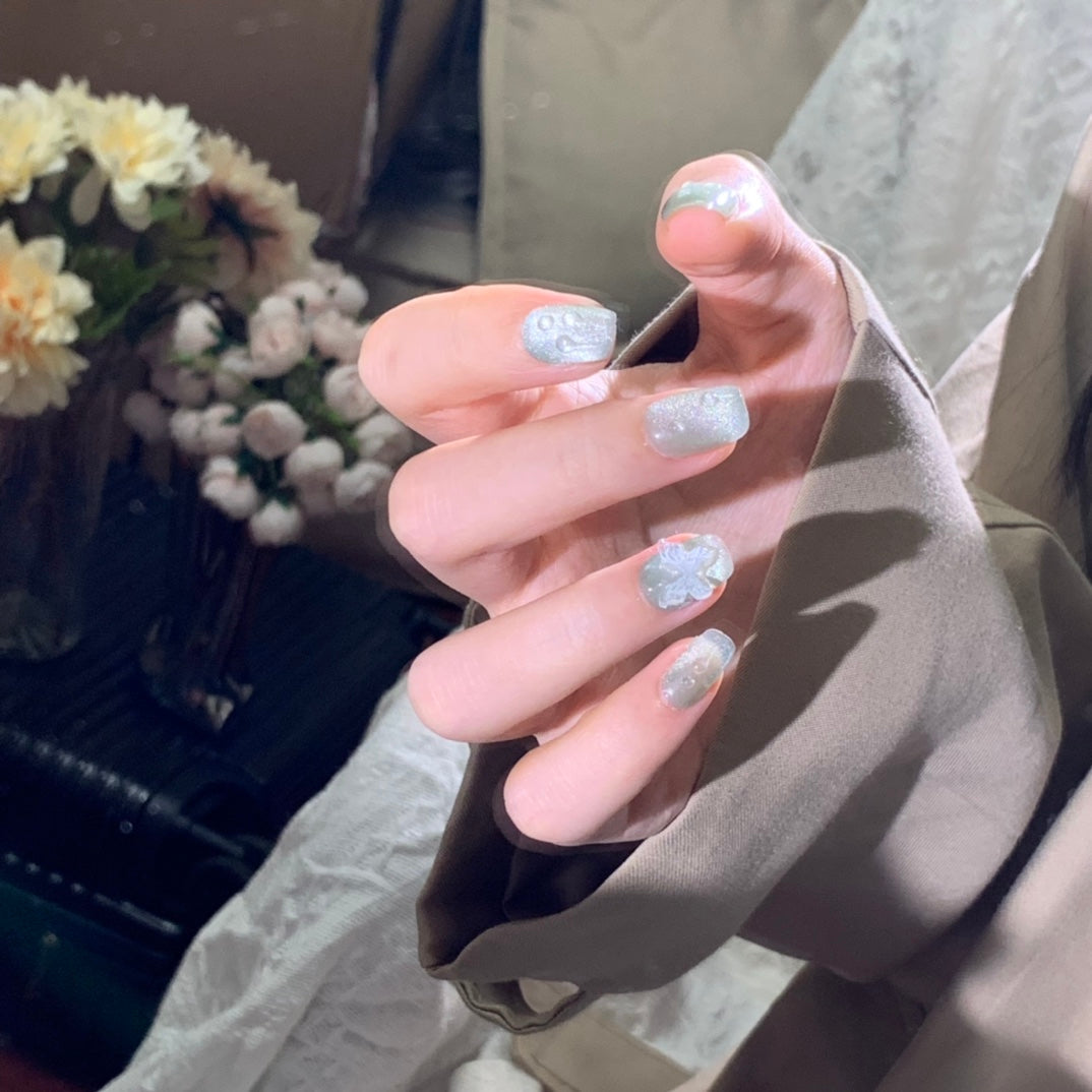 Super Short Coffin Light Green Handmade Press-On Nails with 3D Water Droplets and Butterfly Design | Removable & Reusable | Free Tool Kit Included