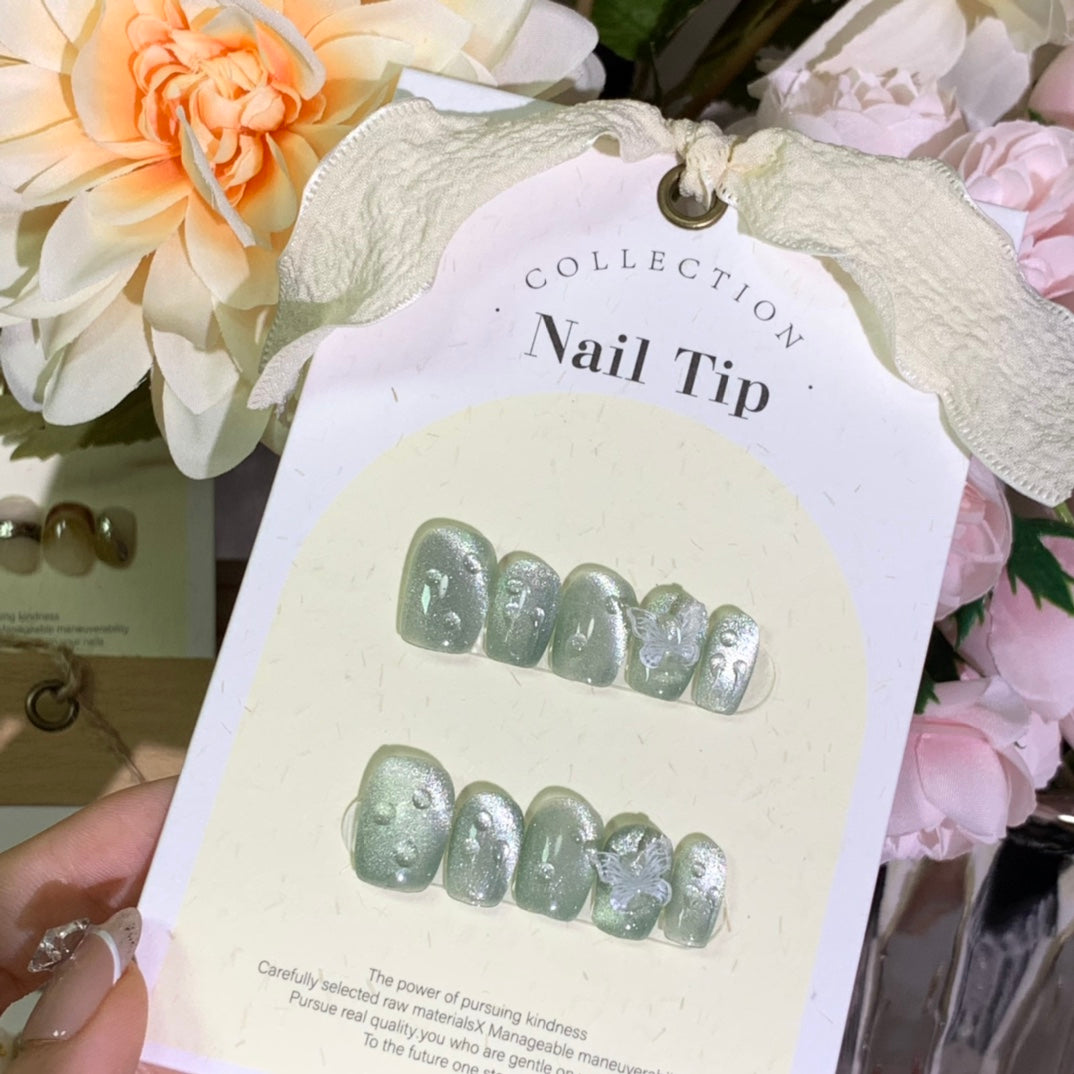 Super Short Coffin Light Green Handmade Press-On Nails with 3D Water Droplets and Butterfly Design | Removable & Reusable | Free Tool Kit Included