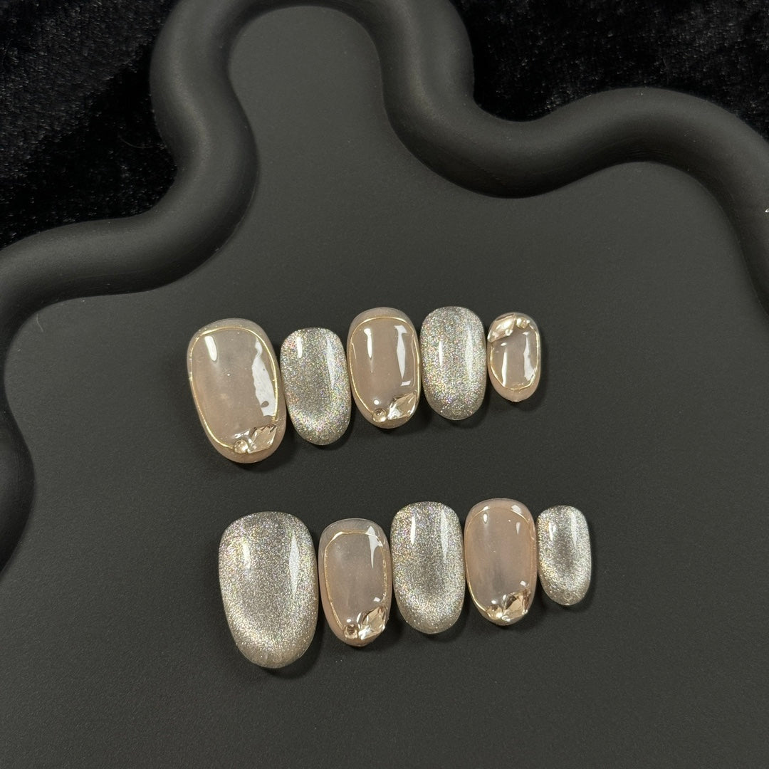 Short Oval Soft Nude Cat eye Handmade Press-On Nails with Simple Gold Lined Edges | Removable & Reusable | Free Tool Kit Included