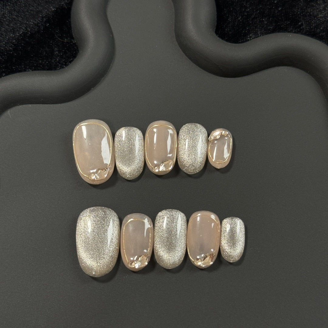 Short Oval Soft Nude Cat eye Handmade Press-On Nails with Simple Gold Lined Edges | Removable & Reusable | Free Tool Kit Included