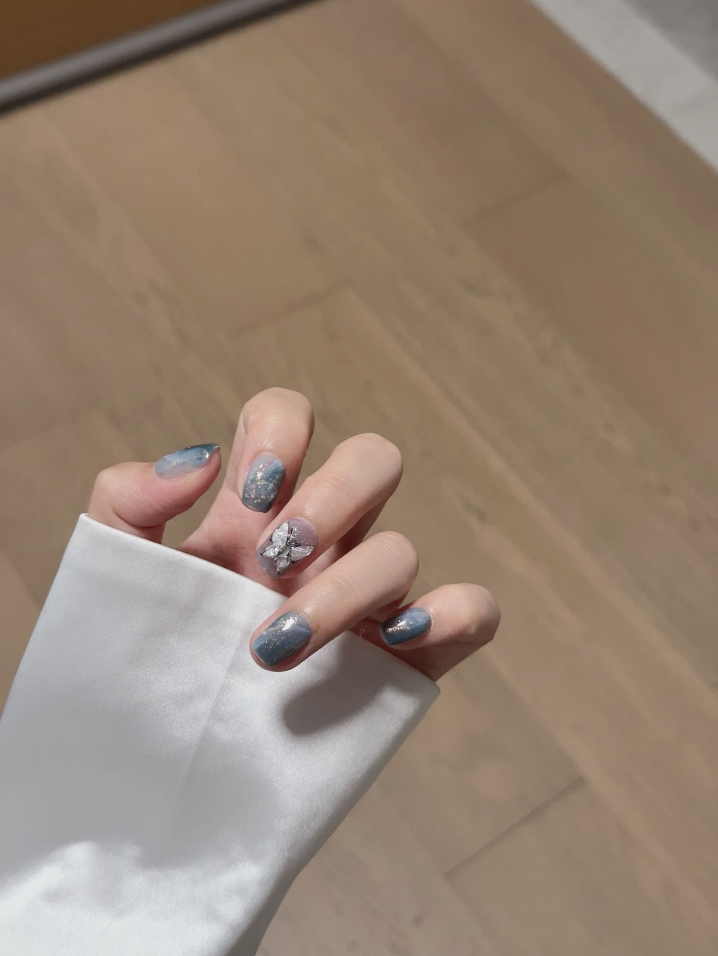 Ultra-Short Coffin Chinese Ink Style Dark Blue & Hand-Painted Black Butterfly Handmade Press-On Nails | Removable and Reusable | Free Tool Kit Included