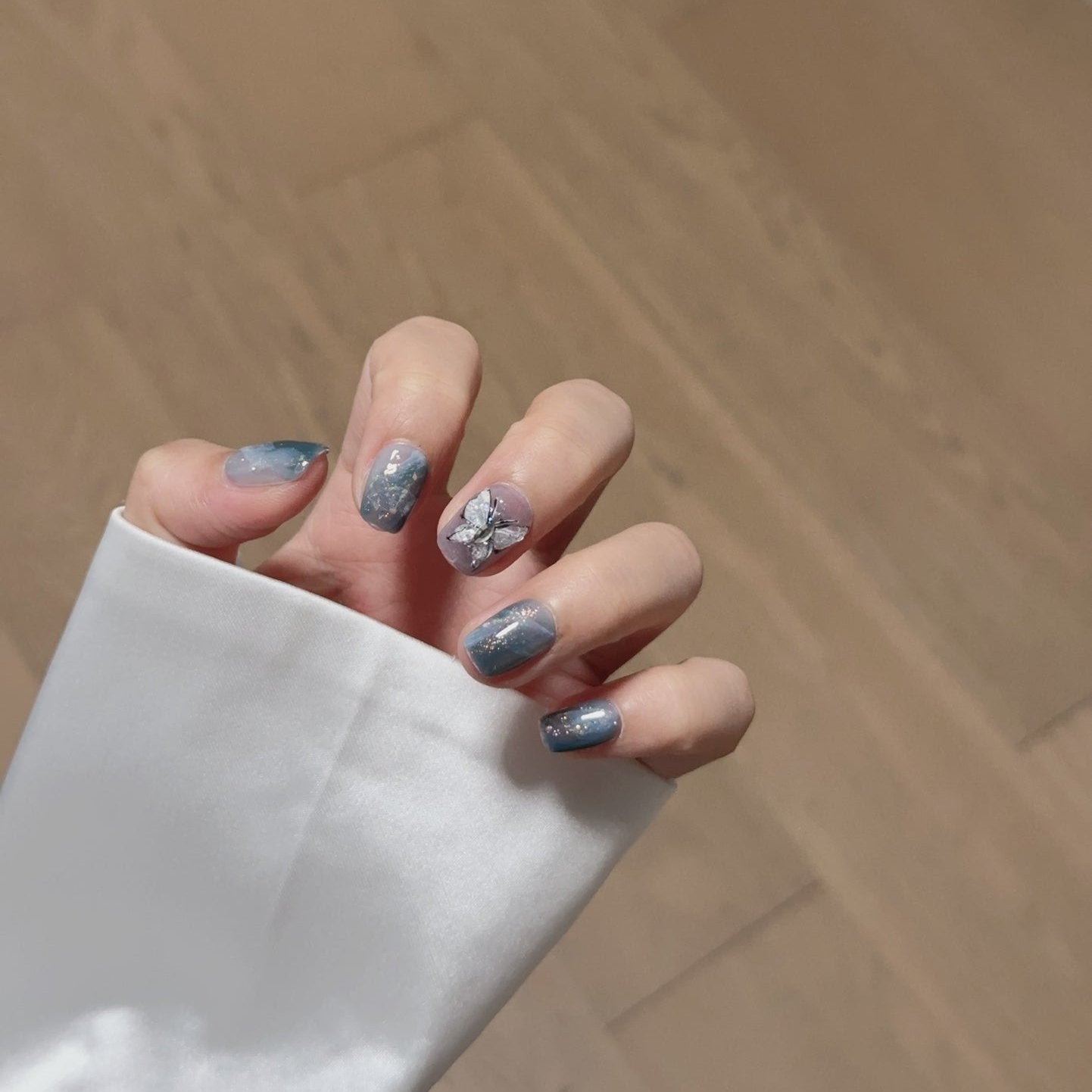 Ultra-Short Coffin Chinese Ink Style Dark Blue & Hand-Painted Black Butterfly Handmade Press-On Nails | Removable and Reusable | Free Tool Kit Included